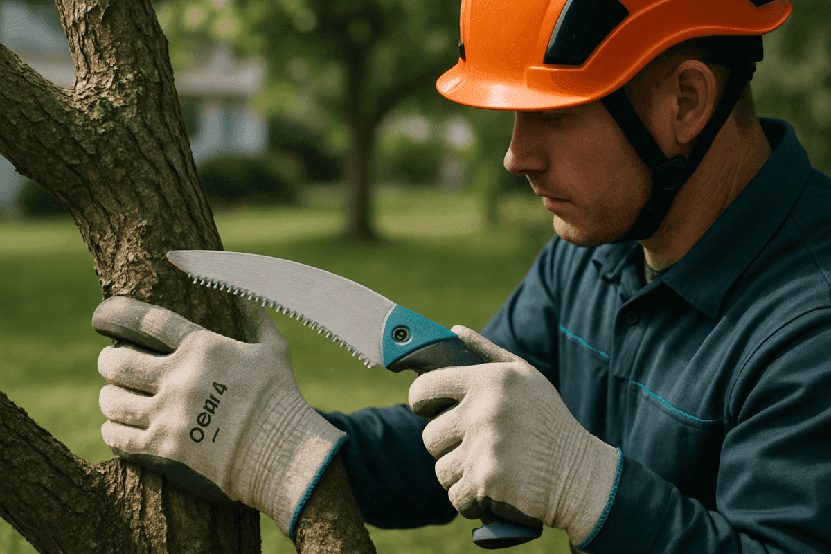 Close-up of arborist’s gloved hands cutting healthy tree branch with pruning saw